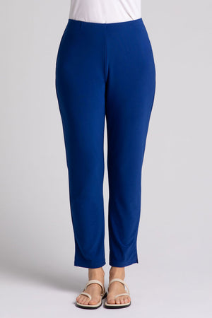 Sympli Narrow Pant Midi in Twilight Blue. Hidden elastic waist pull on pant with slim leg. Side slits at hem. 28" inseam_34785098072264