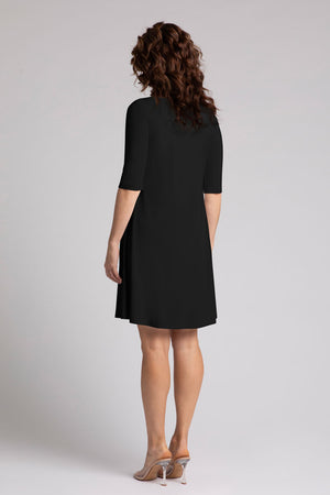 Sympli Nu Trapeze Elbow Sleeve Dress in Black. Boat neck elbow sleeve a line dress in 2 in seam pockets. Relaxed fit._34817872986312