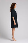 Sympli Nu Trapeze Elbow Sleeve Dress in Black. Boat neck elbow sleeve a line dress in 2 in seam pockets. Relaxed fit._t_34817868464328