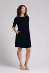Sympli Nu Trapeze Elbow Sleeve Dress in Black.  Boat neck elbow sleeve a line dress in 2 in seam pockets.  Relaxed fit._t_34817868366024