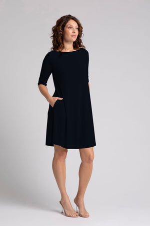 Sympli Nu Trapeze Elbow Sleeve Dress in Black.  Boat neck elbow sleeve a line dress in 2 in seam pockets.  Relaxed fit._34817868366024