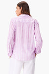 NIC+ZOE Watercolor Stripe Girlfriend Blouse in Purple Multi. Watercolor vertical stripes in white. Relaxed fit button down with long sleeves and 1 button cuffs. Pointed collar. Back yoke. Shirt tail hem._t_35077352751304