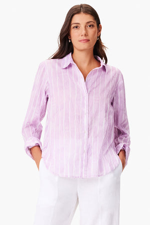 NIC+ZOE Watercolor Stripe Girlfriend Blouse in Purple Multi.  Watercolor vertical stripes in white.  Relaxed fit button down with long sleeves and 1 button cuffs.  Pointed collar.  Back yoke.  Shirt tail hem._35077352620232