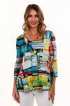 Lemon Grass Reversible V neck Abstract Top in Multi.  Bright colored cubist abstract print reverses to black and white splatter print.  V neck, 3/4 sleeve top.  Completely reversible.  Relaxed fit._t_35061649506504