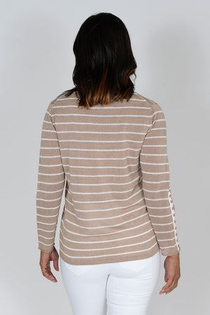 Ten Oh 8 Linen Stripe Sweater with Button Trim in Mushroom with white stripes.. Crew neck long sleeve sweater with roll edge neckline and hem. White button placket on lower sleeve with 9 mushroom-colored buttons. Relaxed fit._33948785017032