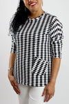 Top Ligne Boxy Dolman Top with Slant Pocket in Black/White. Honeycomb patern crew neck top with dolman sleeve and Drop shoulder. Single slant pocket on front. Slight high low hem with curved side hem in front and straight at back._t_32918396174536