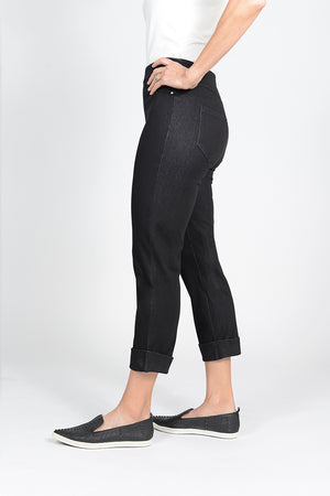 Holland Ave Becca Denim Wide Cuff Pant in Black. Pull on denim pant with faux pockets and faux zipper placket. 2" cuff. Inseam: 23 1/2"_33565603463368