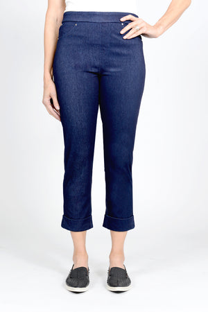 Holland Ave Becca Denim Wide Cuff Pant in Denim. Pull on denim pant with faux pockets and faux zipper placket. 2 rear patch pockets. 2" cuff. Inseam: 23 1/2"_33565603070152