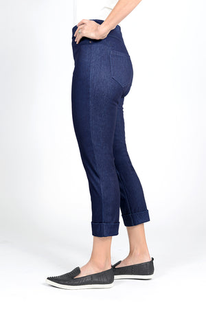 Holland Ave Becca Denim Wide Cuff Pant in Denim. Pull on denim pant with faux pockets and faux zipper placket. 2 rear patch pockets. 2" cuff. Inseam: 23 1/2"_33565603528904