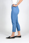 Holland Ave Becca Denim Wide Cuff Pant in Vintage Blue Denim. Pull on denim pant with faux pockets and faux zipper placket. 2 rear patch pockets. 2" cuff. Inseam: 23 1/2"_t_33565603332296