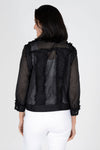 Frederique Raw Cut Seam Jacket in Black. Jean jacket styling. Mesh and denim jacket with pointed collar, 3/4 sleeve. Button down with button cuff. Denim has raw cut seam detail. Mesh sleeve with solid denim button cuff. Classic fit._t_33891825549512