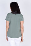 Organic Rags Double Star Tee with Pocket in Khaki. Crew neck short sleeve tee with clear sequin breast pocket. 2 silver stars at pocket. Clear sequined hem detail in frontLinen front; cotton back and sleeves. Straight front hem, curved at back. Classic fit._t_34151830225096