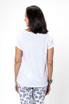 Organic Rags Double Star Tee with Pocket in White. Crew neck short sleeve tee with clear sequin breast pocket. 2 silver stars at pocket. Clear sequined hem detail in frontLinen front; cotton back and sleeves. Straight front hem, curved at back. Classic fit._t_34043493220552