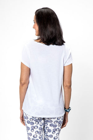 Organic Rags Double Star Tee with Pocket in White. Crew neck short sleeve tee with clear sequin breast pocket. 2 silver stars at pocket. Clear sequined hem detail in frontLinen front; cotton back and sleeves. Straight front hem, curved at back. Classic fit._34043493220552