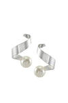 The Curly Pearl Earrings are a modern and sculptural pair of earrings each featuring silver curled strip with a suspended cream colored Austrian crystal pearl at the ends on a standard earring post with push backs._t_32819761610952