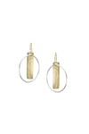 Modern and stylish earrings each featuring a lightly hammered golden rectangle linked with a smooth interlocking silver colored hoop dangling from a standard hypoallergenic earring hook._t_33354237903048