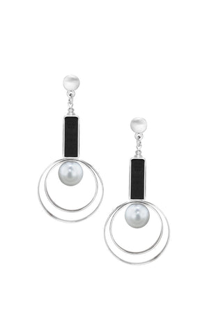 Silver pair of earrings featuring grey pearl inside two silver rings hanging from silver framed retangular wooden bead hanging from round flat silver studs_32356385816776
