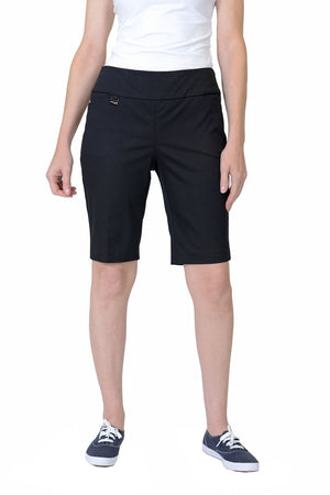 Lisette L Montreal Jupiter Stretch Short in Black. 3" waistband with 2 front slash pockets.  Pull on short.  11" inseam._29816646992072