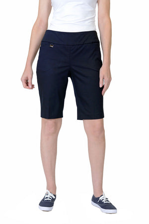 Lisette L Montreal Jupiter Stretch Short in Marine Blue. 3" waistband with 2 front slash pockets.  Pull on short.  11" inseam._29999835742408