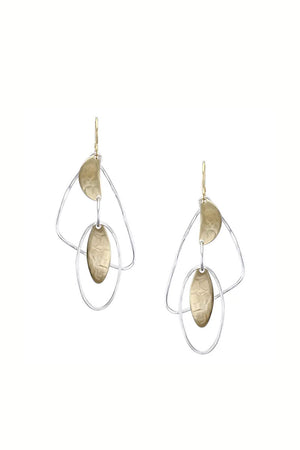 Large open silver colored organic shapes accented by golden geometric charms dangling from a standard wire earring fish hook._32610004402376