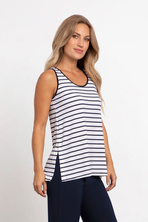 Sympli Striped Go To Tank Relax in Navy Stripe. Horizontal stripes in navy on a white background. Scoop neck sleeveless tank with deep side slits. Solid navy piping at neck and armhole. Relaxed fit._33772199608520