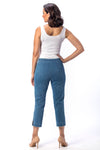 Holland Ave Susan Denim Crop Pant in Vintage Blue. Pull on hidden waistband pant with faux zipper flap. Snug through hip falls straight to hem. Side slits. 25" inseam._t_13120006324322