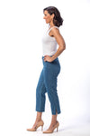 Holland Ave Susan Denim Crop Pant in Vintage Blue. Pull on hidden waistband pant with faux zipper flap. Snug through hip falls straight to hem. Side slits. 25" inseam._t_13120027328610