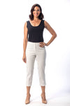 Holland Ave Susan Denim Crop Pant in White. Pull on hidden waistband pant with faux zipper flap. Snug through hip falls straight to hem. Side slits. 25" inseam._t_13297494949997