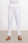 Sympli Narrow Pant Midi in White. Hidden elastic waist pull on pant with slim leg. Side slits at hem. 28" inseam_t_33995505303752
