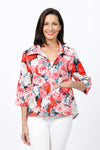 Cali Girls Giant Flowers Swing Blouse in Multi. Bright pink, red and white flowers on a navy background. Spread collar pull over blouse with deep v neck. 3/4 sleeve with turnback cuff. Back inverted pleat. Single front patch pocket. High low hem. Relaxed fit._t_34826833494216