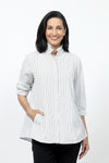 Beau Chemise Bobbi Striped Blouse in White with Black Stripes. Adjustable wire collar button down blouse.  3/4 sleeve with elastic cuff.  2 front slash pockets with welt trim.  A line shape.  Relaxed fit._t_34502649610440