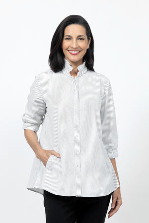 Beau Chemise Bobbi Striped Blouse in White with Black Stripes. Adjustable wire collar button down blouse.  3/4 sleeve with elastic cuff.  2 front slash pockets with welt trim.  A line shape.  Relaxed fit._34502649610440