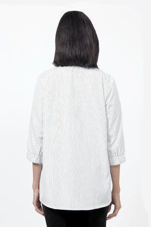 Beau Chemise Bobbi Striped Blouse in White with Black Stripes. Adjustable wire collar button down blouse. 3/4 sleeve with elastic cuff. 2 front slash pockets with welt trim. A line shape. Relaxed fit._34502649577672