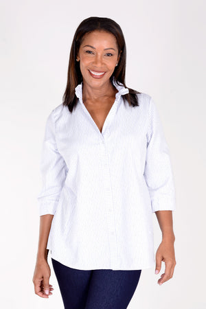 Beau Chemise Bobbi Striped Blouse in White with narrow Sky blue stripes. Adjustable wire collar blouse with 3/4 sleeve with elastic cuff. Horizontal stripe button placket. Front slash pocket with welt detail. A line shape. Relaxed fit._34479323611336