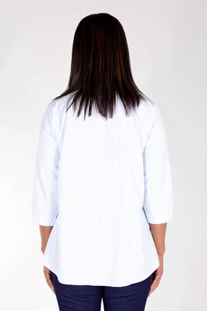 Beau Chemise Bobbi Striped Blouse in White with narrow Sky blue stripes. Adjustable wire collar blouse with 3/4 sleeve with elastic cuff. Horizontal stripe button placket. Front slash pocket with welt detail. A line shape. Relaxed fit._34479323578568
