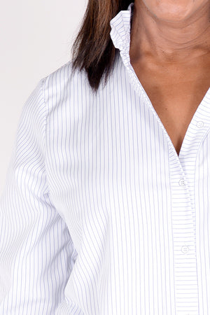 Beau Chemise Bobbi Striped Blouse in White with narrow Sky blue stripes. Adjustable wire collar blouse with 3/4 sleeve with elastic cuff. Horizontal stripe button placket. Front slash pocket with welt detail. A line shape. Relaxed fit._34479323545800