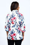 Beau Chemise Bobbi Abstract Floral Blouse. Blue, black and red abstract floral print on a white background. Adjustable wire collar with 3/4 sleeve with elastic cuffs. Sateen fabric . Relaxed fit._t_34767344468168