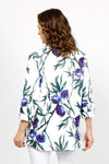Beau Chemise Bobbi Abstract Floral Blouse. Blue, purple and green abstract floral print on a white background. Adjustable wire collar with 3/4 sleeve with elastic cuffs. Sateen fabric . Relaxed fit._t_35072117932232