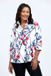 Beau Chemise Bobbi Abstract Floral Blouse.  Blue, black and red abstract floral print on a white background.  Adjustable wire collar with 3/4 sleeve with elastic cuffs.  Sateen fabric .  Relaxed fit._t_34767344500936