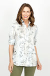 Beau Chemise Bobbi Floral Print Blouse in Green .  Muted miniature floral print on a marbled beige background.  Adjustable wire standup collar button down.  3/4 sleeve with wide elastic cuff.  2 front angled welt pockets.  Curved hem.  Relaxed fit._t_61394615206254