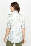 Beau Chemise Bobbi Floral Print Blouse in Green .  Muted miniature floral print on a marbled beige background.  Adjustable wire standup collar button down.  3/4 sleeve with wide elastic cuff.  2 front angled welt pockets.  Curved hem.  Relaxed fit._t_61394617074030