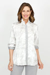 Beau Chemise Bobbi Marled Print Blouse with Denim Trim in Gray.  Marled gray and white print with light gray denim trim at the placket and cuffs.  Adjustable wire stand collar button down.  3/4 sleeve with elastic cuff.  2 front angled welt pockets.  A line shape.  Relaxed fit._t_61394751062382