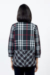 Beau Chemise Plaid Bedford Blouse in Black. Black white and red plaid button down blouse. 3/4 sleeve with split turn back cuff. Back yoke with bias plaid panel at bottom with 3 center buttons. Bias plaid single front pocket. Relaxed fit._t_34502517719240