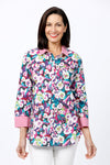 Beau Chemise Floral & Check Barbara Bedford Blouse.  Mix of floral body and pink and white check collar cuff and button back insert at hem.  Button down blouse with pointed collar.  3/4 sleeve with check turn back cuff.  Shirt tail  hem.  Relaxed fit._t_34826747150536