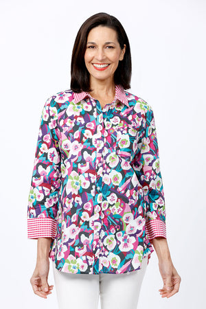 Beau Chemise Floral & Check Barbara Bedford Blouse.  Mix of floral body and pink and white check collar cuff and button back insert at hem.  Button down blouse with pointed collar.  3/4 sleeve with check turn back cuff.  Shirt tail  hem.  Relaxed fit._34826747150536