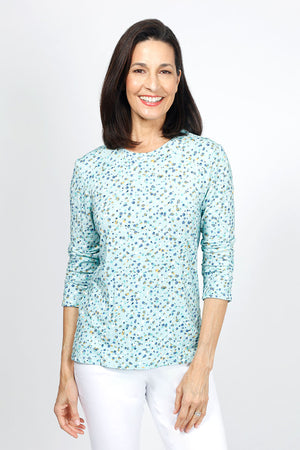 Lolo Luxe Becki Odd Dot Top in Aqua with neutral color abstract miniature dots. Crew neck top with 3/4 sleeve with ruched hem. Relaxed fit._34940505424072