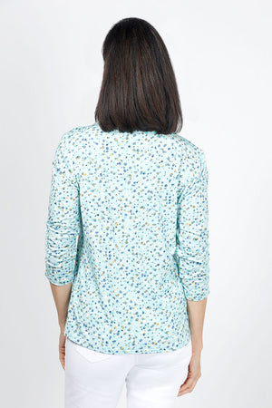 Lolo Luxe Becki Odd Dot Top in Aqua with neutral color abstract miniature dots. Crew neck top with 3/4 sleeve with ruched hem. Relaxed fit._34940505391304