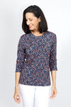Lolo Luxe Becki Odd Dot Top in Navy with multi color abstract miniature dots.  Crew neck top with 3/4 sleeve with ruched hem.  Relaxed fit._t_34940505522376
