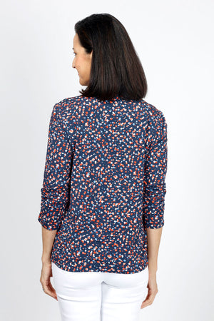 Lolo Luxe Becki Odd Dot Top in Navy with multi color abstract miniature dots. Crew neck top with 3/4 sleeve with ruched hem. Relaxed fit._34940505358536