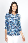 Lolo Luxe Becki Candyland Top in Navy.  Overlapping paint brush strokes in shades of blue and cream on a navy background.  Crew neck 3/4 sleeve top with ruched sleeve hem.  Relaxed fit._t_34943422300360